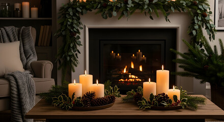 Cozy christmas fireplace with candles and greenery creating a warm and inviting atmosphere