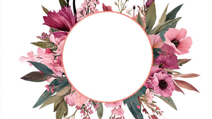 An elegant circular floral frame featuring pink and magenta blooms with green and brown leaves, centered on a pristine white background.