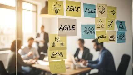 Agile methodology in action team collaboration and project management using sticky notes on a glass wall