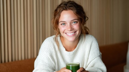 A happy woman sits at a cozy cafe holding a green smoothie, conveying a sense of health, warmth, and relaxation in a welcoming atmosphere full of natural light.