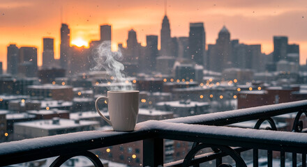 Morning coffee with a city view steaming cup against a snowy urban skyline at sunrise