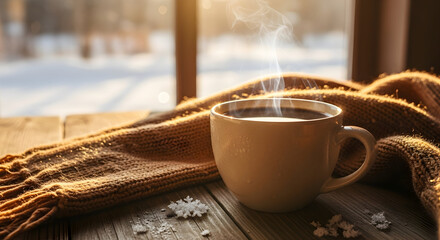 Warm coffee mug and cozy scarf by window overlooking snowy winter landscape at sunset