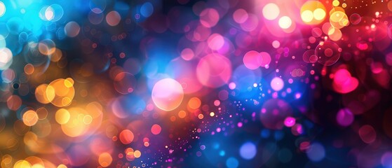 Vivid abstract backdrop featuring multicolored glowing bokeh lights in shades of pink, orange, purple, and blue, perfect for festive designs.