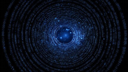 Digital data streams create a glowing blue circular tunnel effect against a dark background