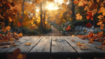 Autumn leaves fall gently on rustic wooden table in forest setting, bathed in warm golden sunlight creating peaceful and cozy atmosphere