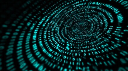 Glowing binary code streams converge towards a vanishing point in a dark digital tunnel