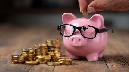 Pink piggy bank wearing glasses receiving gold coins from hand image