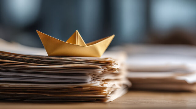 A small golden paper boat on top of a stack of old papers, creating a sense of wonder and adventure. The image is a close-up, focusing on the details of the boat and papers