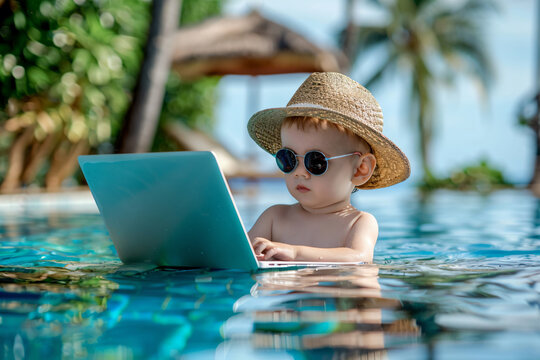 a baby in a hat and sunglasses using a laptop - Powered by Adobe
