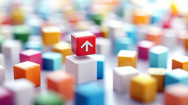A red cube with an upward arrow floats above a collection of colorful cubes, symbolizing growth and success. The image is brightly lit and focuses on the centra