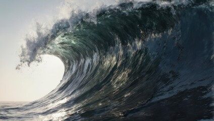Powerful ocean wave cresting and curling with sunlight shining through the water.
