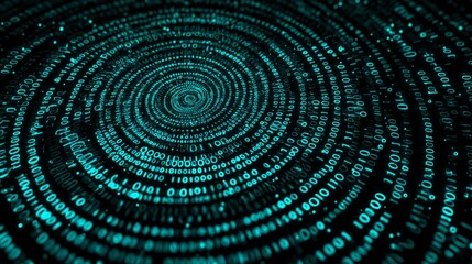 Glowing cyan binary digits stream inward towards a dark central vortex