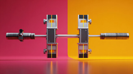 A detailed close-up of a sophisticated mechanical device, with intricate parts and a modern design. The composition is split between a pink and yellow background.