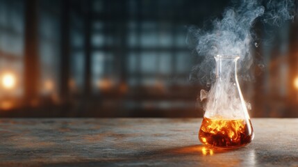 A laboratory flask filled with a bubbling, steaming liquid creates an intriguing visual, evoking a sense of wonder and curiosity about scientific experimentation.