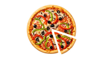 Whole pizza with one slice removed showing toppings of mushrooms bell peppers olives and tomatoes, cutout, PNG isolated on transparent background