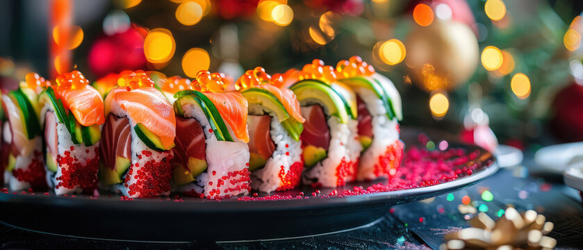 Elegant sushi rolls garnished with roe and herbs, served on a dark plate with Christmas lights and pine decor in background.