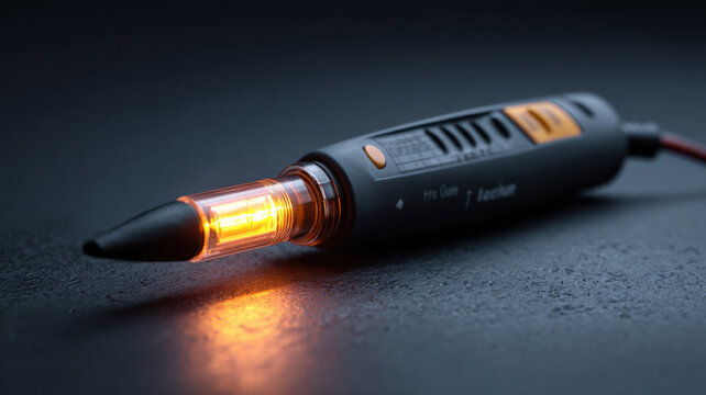 A close-up view of an electrical voltage detector tool. The tool is black and orange, with a light shining from the tip
