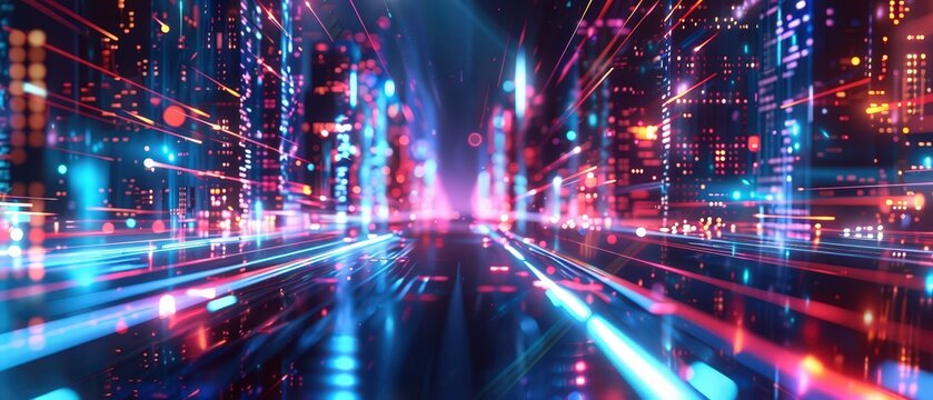 Vibrant abstract city with glowing neon lights and motion blur, symbolizing technology, speed, and digital innovation. - Powered by Adobe