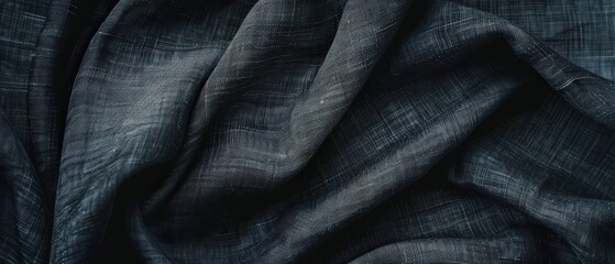 Fototapeta premium Detailed close-up of wrinkled dark linen fabric with visible weave and texture, ideal for textile backgrounds and design uses.