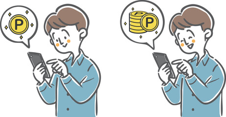スマホでポイ活をする男性　ベクター
