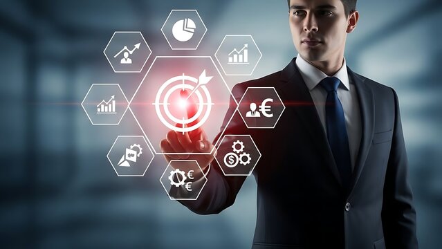 Business man interacting with a digital interface displaying goals, growth, and analysis icons