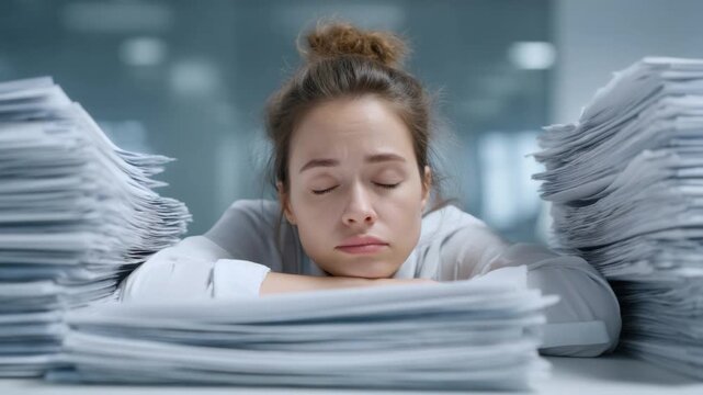 Exhausted young woman rests her head on a desk surrounded by piles of paperwork in a bright office setting 4k video footage