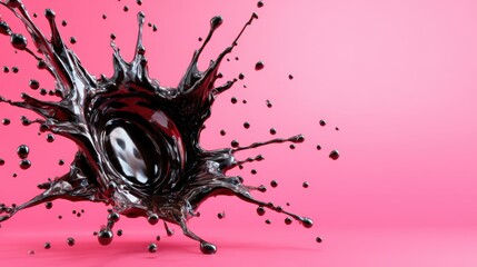 The dynamic image showcases a vibrant pink background with an explosive splash of black liquid, creating a striking visual contrast and evoking feelings of energy and creativity.