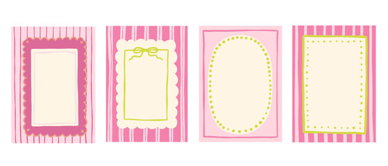 Cute childish frames with bow and stripes Squiggle photo borders. Wiggly groovy shapes, funky vector text boxes set.
