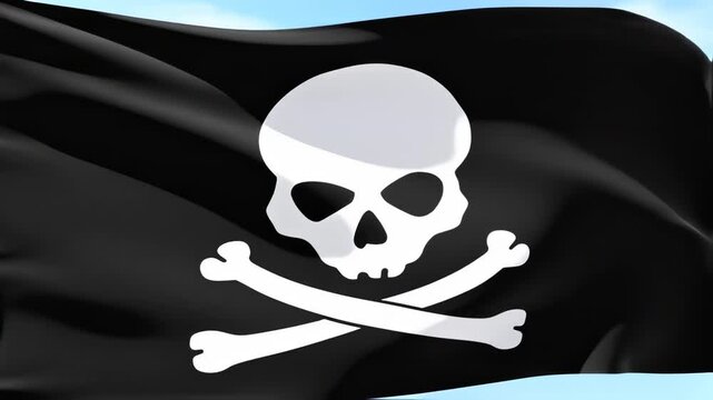 A waving black flag with a white skull and crossbones on it, against a blue sky background