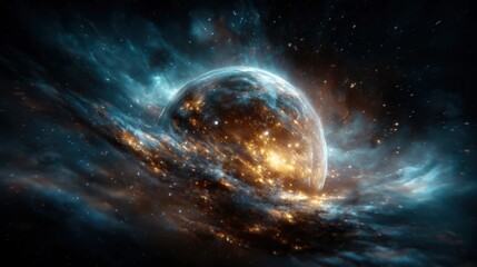 An awe-inspiring cosmic scene reveals a glowing planet surrounded by swirling nebulas and sparkling stars, provoking wonder and exploration of the vast universe.
