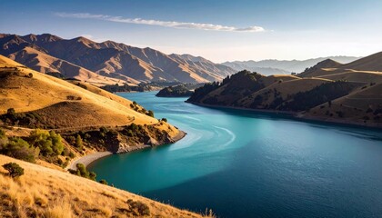 A beautiful landscape of a lake surrounded by mountains under a clear blue sky. The water is a stunning turquoise color, and the hills are covered in dry grass.