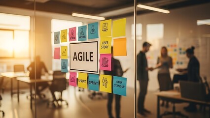 Modern workplace setup with a prominent 'AGILE' project board on a glass wall, illustrating collaborative efforts and efficient workflow for business teams