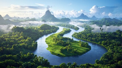 Aerial view of a river winding through a vibrant green landscape with mountains in the background, under a bright blue sky with fluffy clouds. The scene is lush