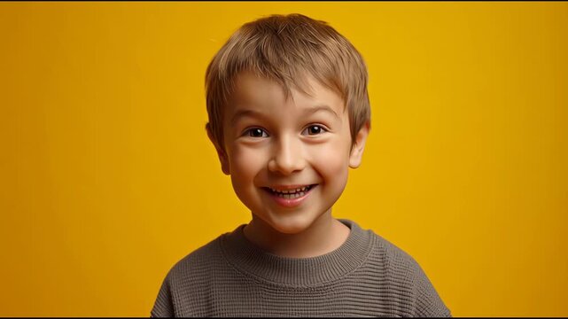 Smiling boy and happy child enjoying ai language learning app, joyful kid with brown hair casual clothing yellow background, promoting fun education