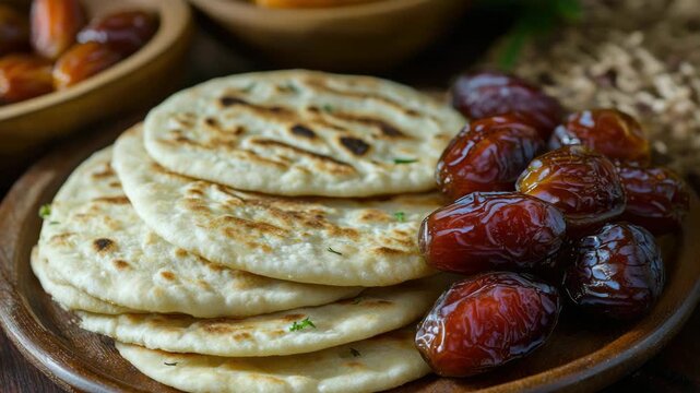 Freshly prepared Middle Eastern flatbreads and dates with aromatic cumin, baked together in a traditional dish.