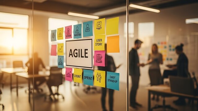 Modern workplace setup with a prominent 'AGILE' project board on a glass wall, illustrating collaborative efforts and efficient workflow for business teams - Powered by Adobe
