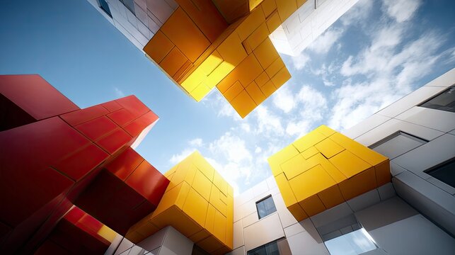 Low angle shot of modern architecture with colorful geometric shapes against a blue sky, creating an abstract and contemporary composition.