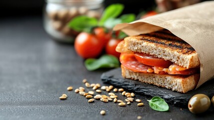 Close-up of a sandwich with tomato and salami wrapped in a paper bag, placed on a dark surface, with other ingredients in the background.