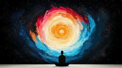A silhouette of a person meditating in front of a vibrant, colorful galaxy, creating a sense of contemplation and inner peace.