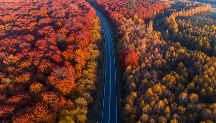 Aerial top view of straight asphalt road cutting through dense autumn forest with vibrant red and orange foliage