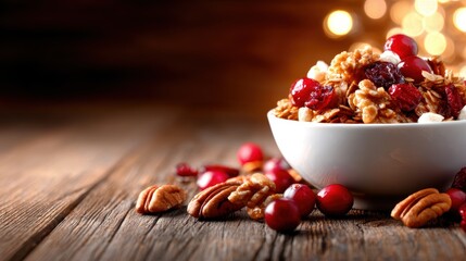 A vibrant bowl of granola topped with nuts and berries offers a healthy, nutritious meal option, reflecting wholesome living and a delightful breakfast experience.