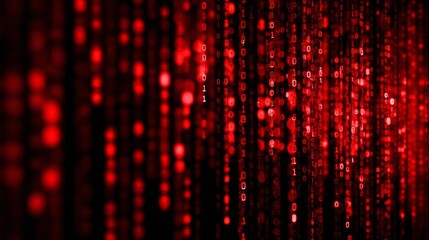Cascading lines of glowing red binary code fall against a dark background creating a digital rain effect