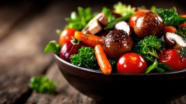 A vibrant salad featuring colorful vegetables such as tomatoes, carrots, and mushrooms, artfully arranged in a bowl to showcase a healthy and appealing dish. - Powered by Adobe