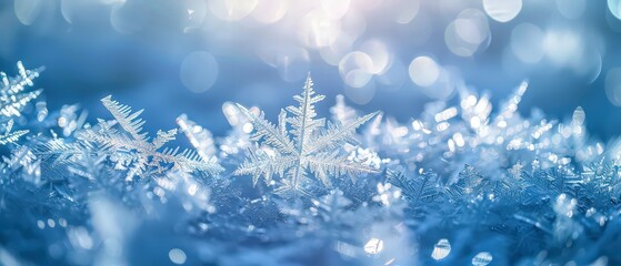 Close-up of delicate snowflakes resting on frosty surface with sparkling bokeh lights, perfect for winter, Christmas, or holiday themes.