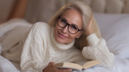 A woman lies comfortably in bed, wearing a chunky white sweater while reading a book. Soft light fills the room, creating a serene atmosphere perfect for relaxation