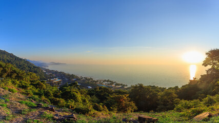 Panorama Beautiful landscapes in winter, sunset time, natural views and high angle sea views of Koh Chang, Thailand.