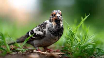 This engaging image features a striking bird with a unique pattern, standing amidst lush green grass, highlighting the beauty of wildlife in a natural setting.