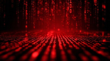 Digitized data streams cascade down into a glowing, receding floor plane of glowing numerals