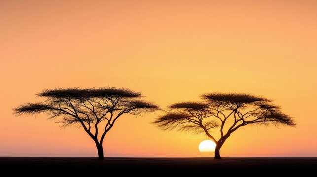 Two acacia trees silhouetted against a vibrant orange sunset in the African savanna. The sun is setting between the trees, creating a dramatic and peaceful scen - Powered by Adobe