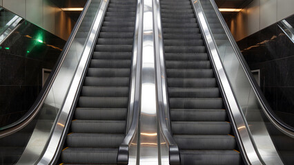 Sleek modern escalator ascends between polished dark marble walls in a contemporary transit hub
